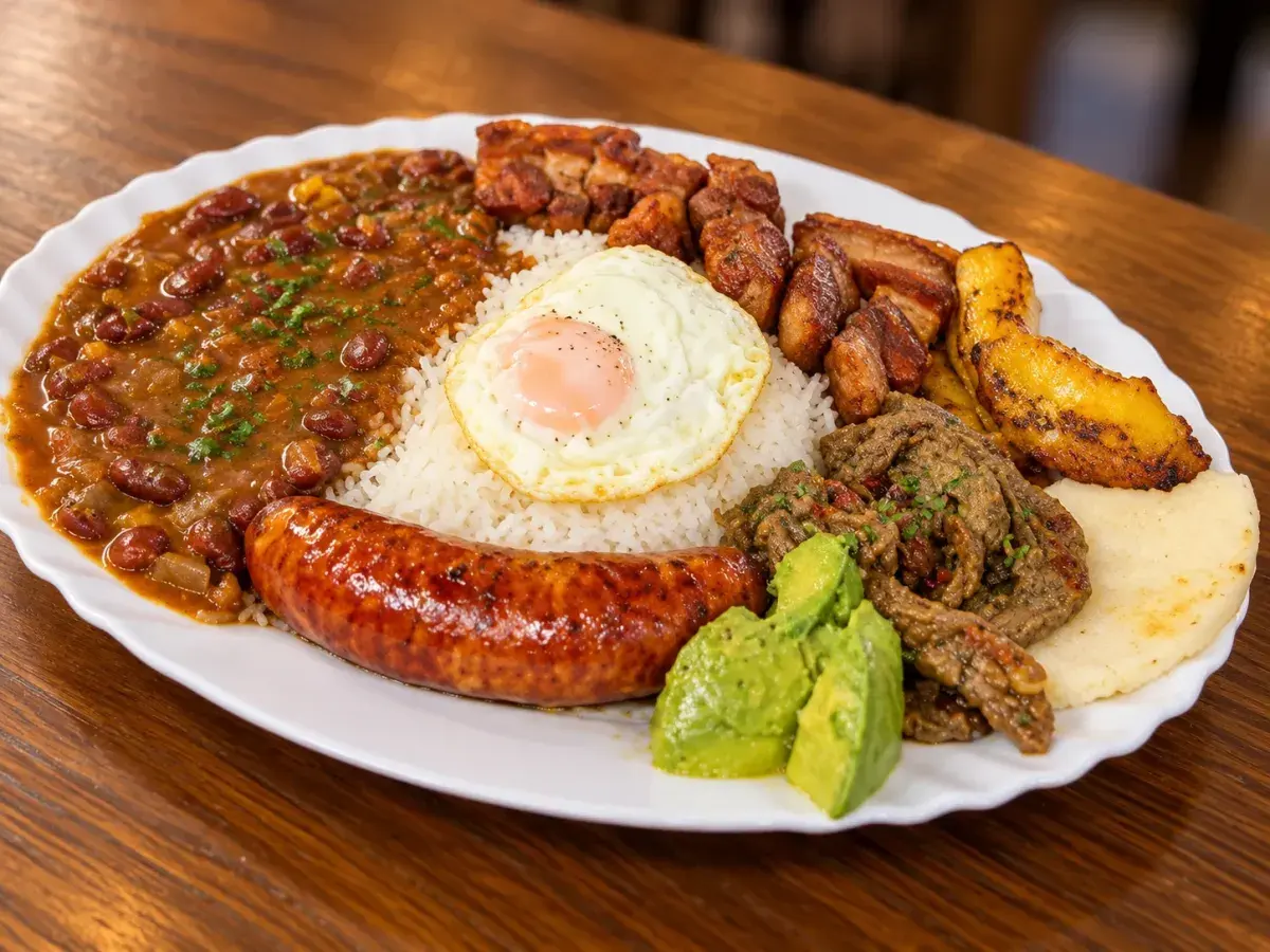 Bandeja paisa de Relaax Colombiano con frijoles, arroz, carne, chicharrón, chorizo, huevo, plátano, arepa y aguacate