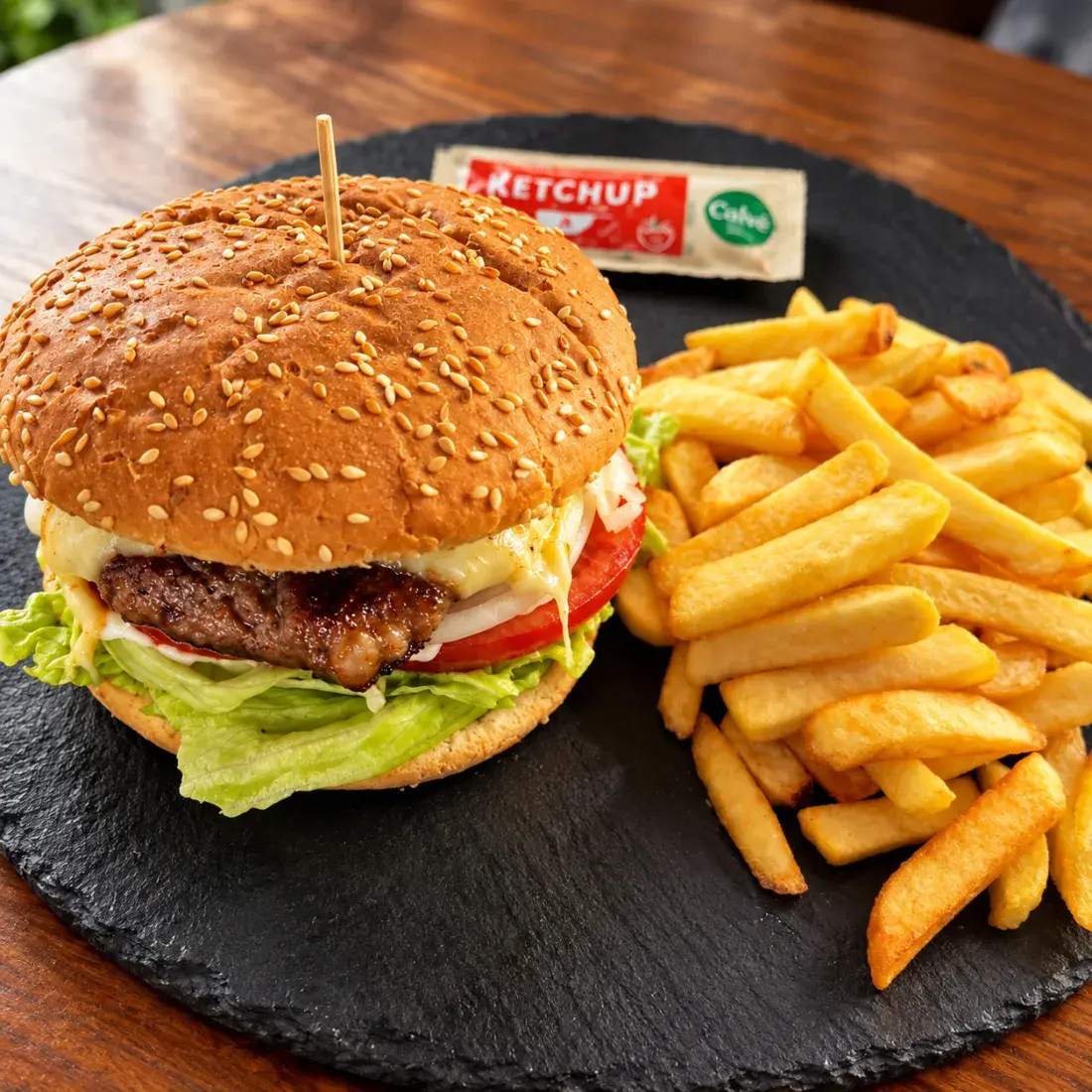 Hamburguesa de la casa con patatas fritas de Relaax Colombiano