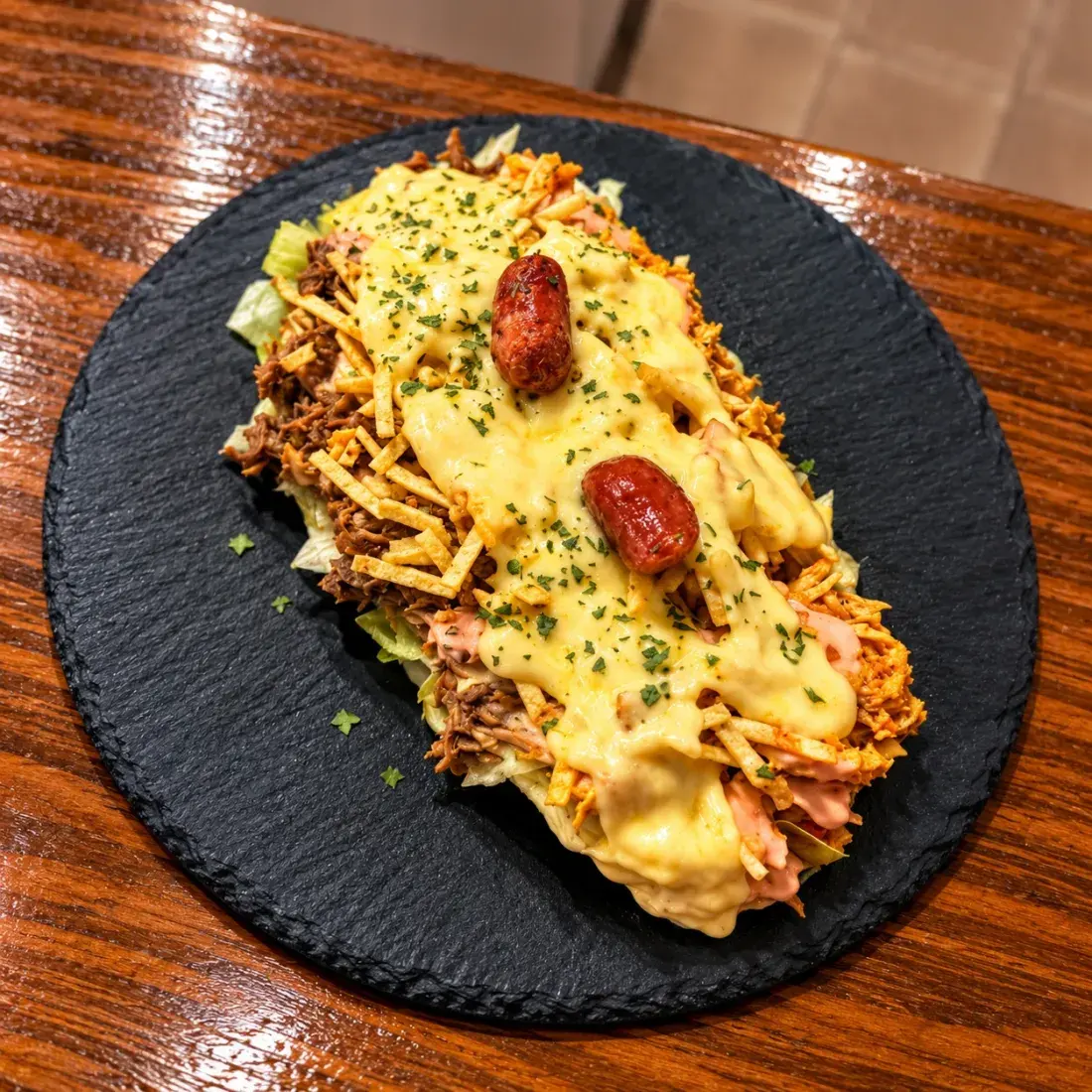 Patacón mixto con lechuga, pollo, carne desmechada, chorizo y queso fundido